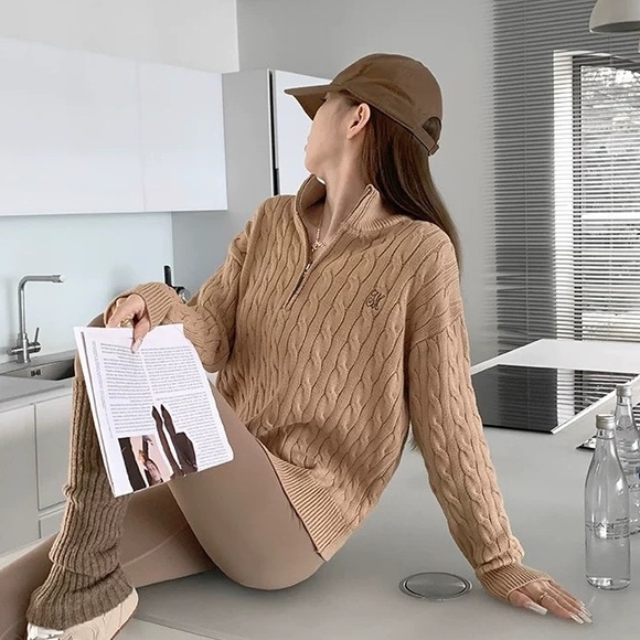 New Beige Cable Knit Quarter-Zip Sweater - Picture 3 of 4